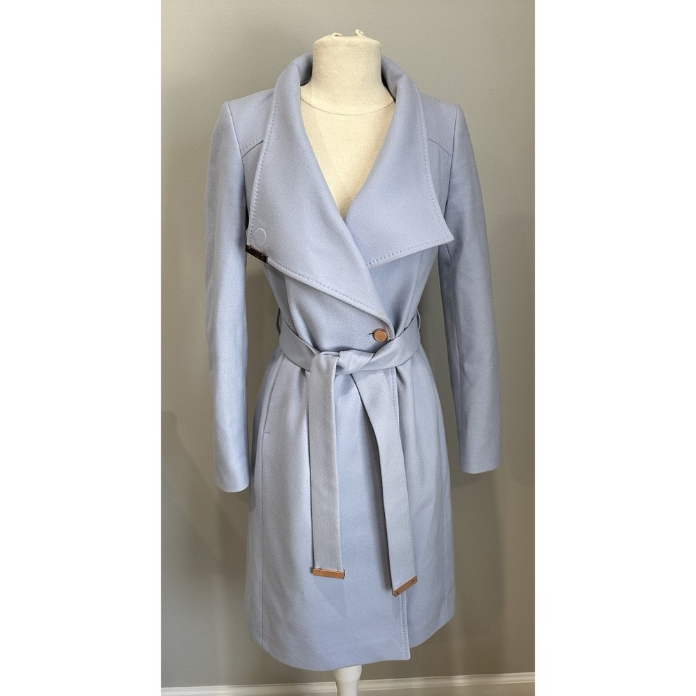 Ted Baker Coat Wool Cashmere Blend Wrap Coat Size 0 Light Blue Lavender EUC